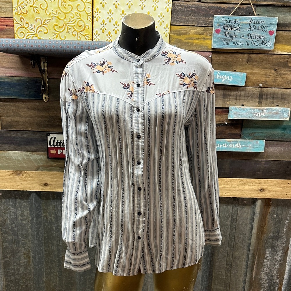 Cruel Girl White Striped Button-Down Shirt with Floral Yoke